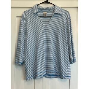 L.L. Bean Lt. Blue and white stripe 3/4 sleeve collared V. neck L-Petite